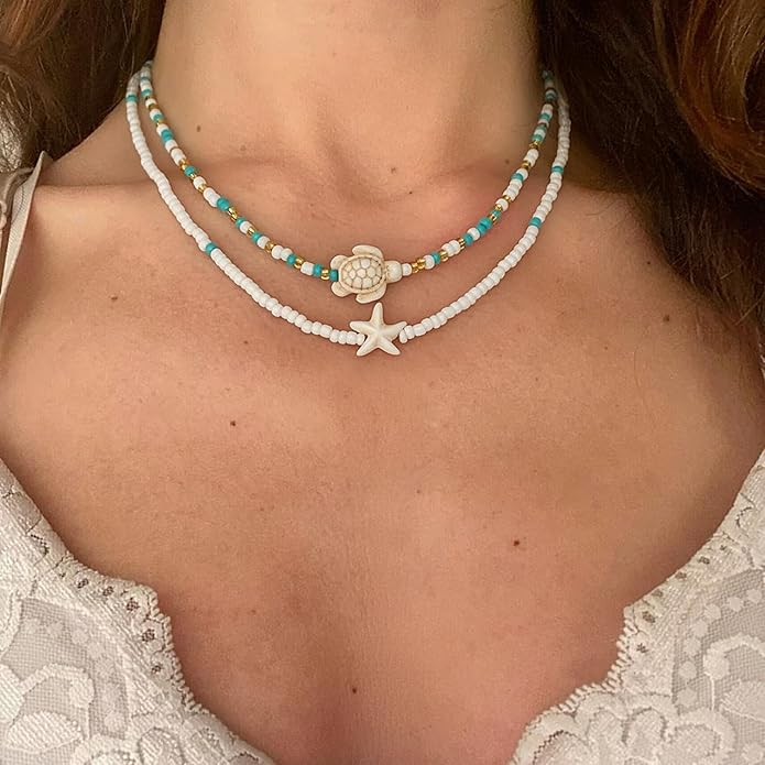 Women's Shell Starfish Boho Layered Beaded Necklace Choker for Summer Beach Vacation Gifts for Birthday/Anniversary/Christmas