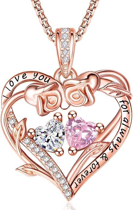 Rose Heart Necklaces for Women, Rose Gold Forever Love Jewelry with 2 Birthstones Pendant,Valentines Anniversarry Birthday Gifts for Her Wife Mom Grandma Daughter, 18+2 Inch Chain