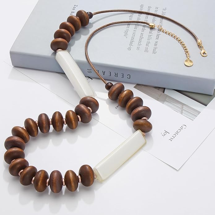 Coiris Layer Chunky Wood Beaded Necklace Exaggerated Statement Bead Collar Necklace Bib Necklaces