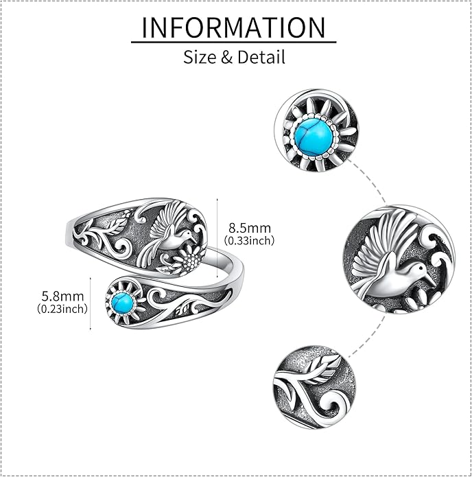 Hummingbird Ring 925 Sterling Silver Turquoise Sunflower Adjustable Open Spoon Ring Victorian Style Bird Jewelry Mothers Gifts for Women Mom Grandma