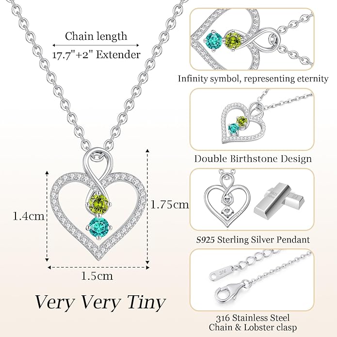 LOUISA SECRET Infinity Double Birthstone Necklace, 925 Sterling Silver Tiny Pendant Heart Necklace for Women Wife Her, Best Jewelry Gift Heart Jewelry Meaningful Gift for Valentine's Day, Christmas, Birthday Anniversary