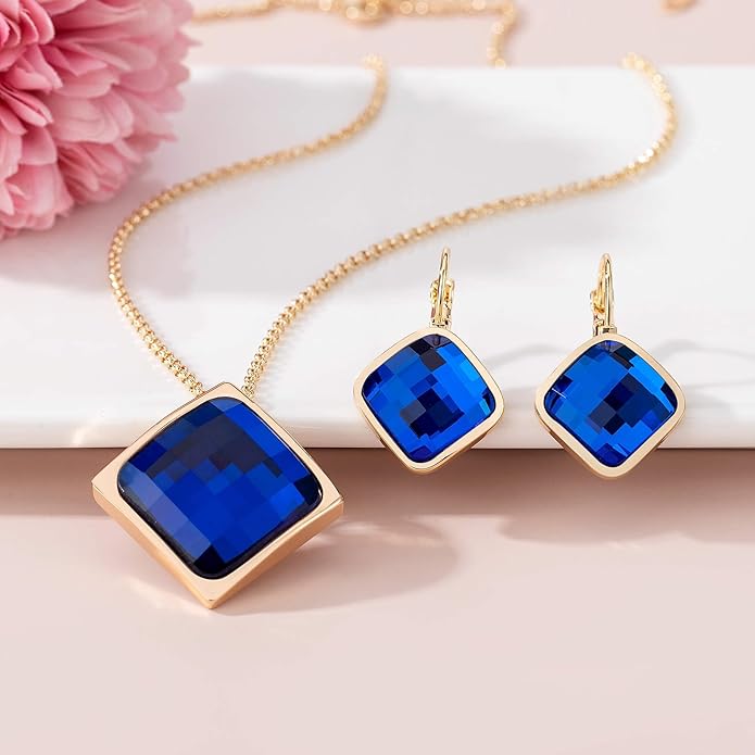 EVEVIC Square Austrian Crystal Necklace Earrings for Women Fashion 18K Gold Plated Hypoallergenic Jewelry Set