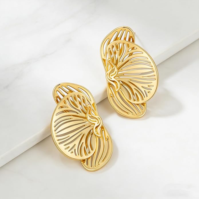 Gold Statement Stud Earrings for Women – 18K Gold Plated Abstract Hollow Leaf Earrings, Chunky Fan Shell Post Studs, Vintage Polished Cutout Flower Jewelry Gift