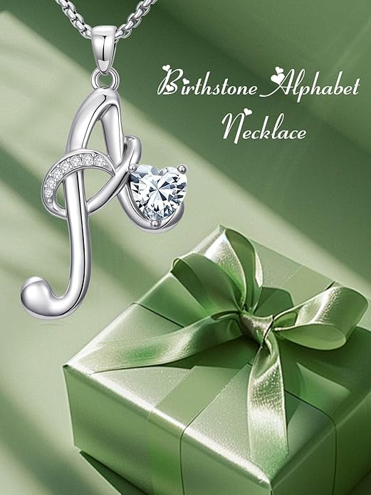 Valentines Day Gifts for Women Alphabet A to Z Initial Birthstone Pendant Necklaces for Women - 18k White Gold Plated Personalized Name Jewelry Valentine Mothers Day Birthday Gifts for Women Her Girlfriend