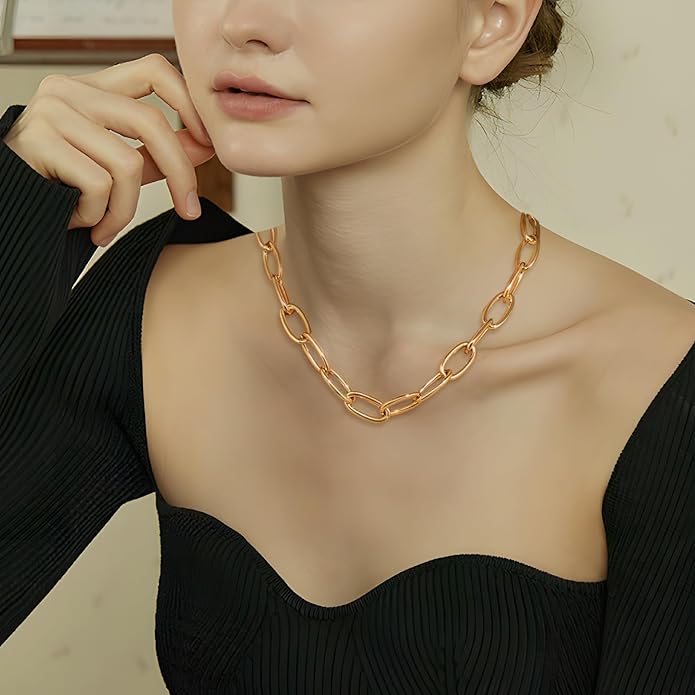 Chunky Necklace for Women 18K Gold Plated Statement Adjustable Thick Link Chains Paperclip Chain Choker Trendy Fashion Jewelry Gifts