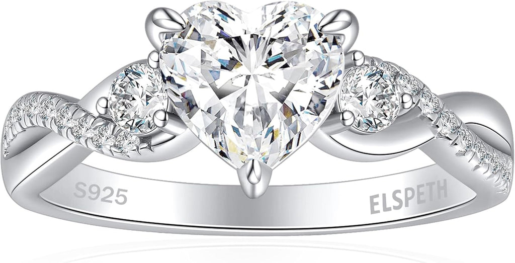 Elspeth 925 Sterling Silver Heart Engagement Ring for Women Heart Cut Cubic Zirconia Promise Ring Size 4-10