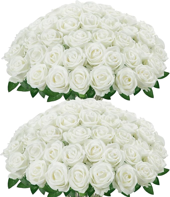 InnoGear White Roses Artificial Flowers 100 Pcs Fake Velvet Silk Floral | Bulk by InnoGear