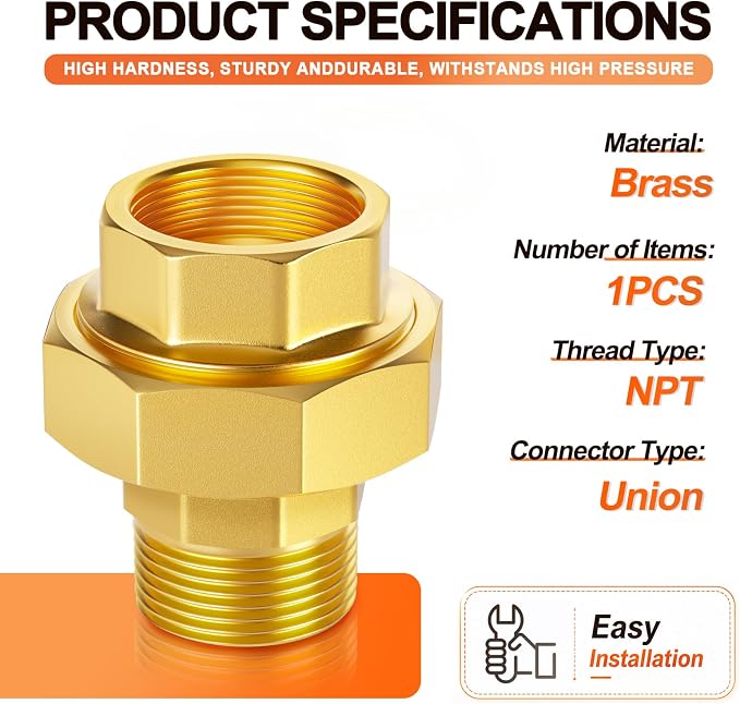 GASHER 1-1/4" NPT Brass Union Pipe Fitting | 1-1/4 Inch Male x 1-1/4 Inch - Image 2