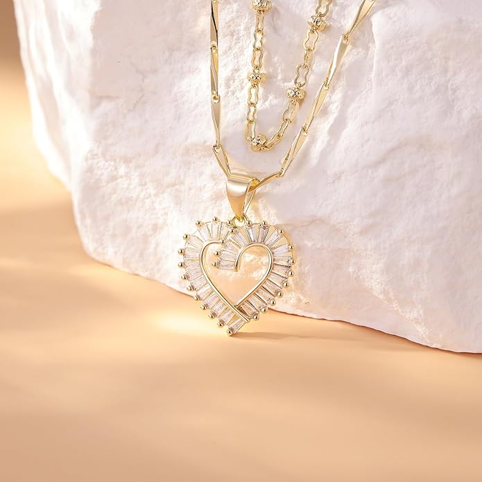 Heart Necklaces for Women 14K Gold Plated Layered Necklace Set with Cubic Zirconia Heart Pendant, Dainty Stackable Choker Chain, Gift for Her