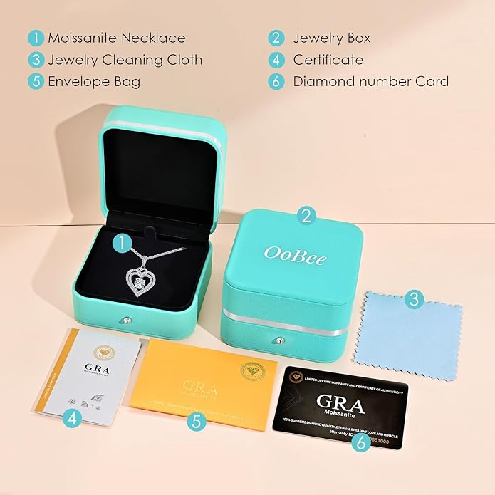 OOBEE Valentines Day Gift Moissanite Heart Necklaces for Women, 1- 4 Carat Moissanite 925 Sterling Silver 14K Gold Plated Pendant Necklace, Ideal Anniversary Birthday Christmas Mothers Day Jewelry Gifts for Mom Wife Her Girlfriend Daughter