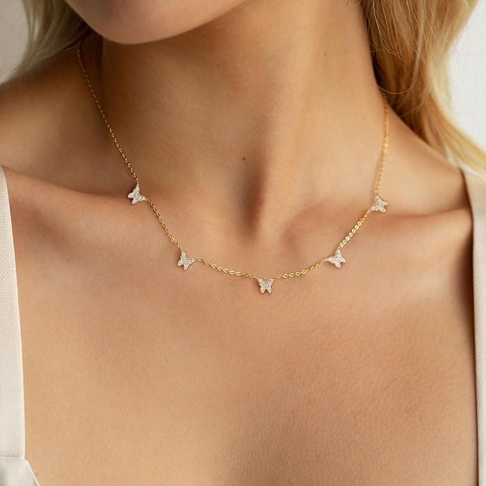 VRIUA Necklaces for Women - 14K Gold/Silver Plated Dainty Chain Necklace with Five Charms: Diamond, Bow, Snowflake, Cross, Flower, Clover, Butterfly, Heart, Star of David, and Star Trendy Jewelry