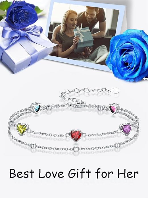 Birthstone Anklet/Bracelets for Women 925 Sterling Silver Charm Link Double Strand Heart Birthstone Jewelry Gift for Wife Women Mother's Day Gift