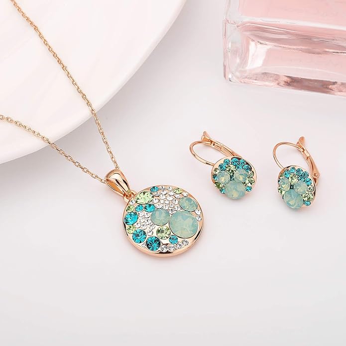 EVEVIC Austrian Crystals Round Disc Pendant Necklace Earrings for Women 14K Gold Plated Hypoallergenic Jewelry Sets