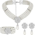 Maitys 3 Pcs 1920s Pearl Jewelry Set Includes Vintage Flapper Earrings Multilayer Imitation Pearl Necklace Bracelet for Women