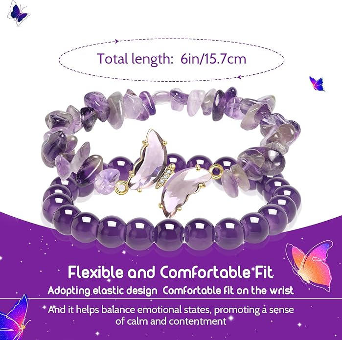 Artlunar Purple Butterfly Healing Bracelet, Gift Charm Jewelry with Beaded Bracelet for Women