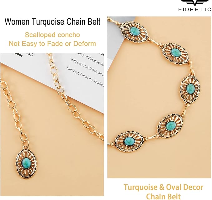 FIORETTO Metal Waist Chain Link Belt for Women Western Cowgirl Boho Turquoise Belts for Dress Jeans Country Concert Outfit
