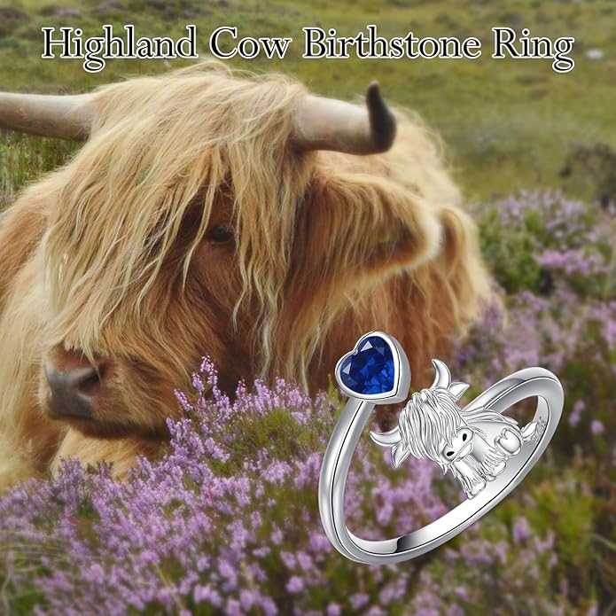 Highland Cow Ring 925 Sterling Silver Adjustable Ring Birthstone Ring Engraved Name Highland Cow Gifts Jewelry for Women