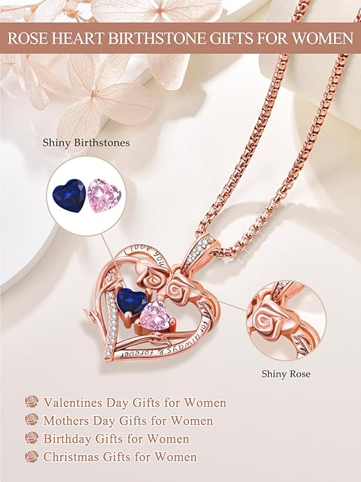 Rose Heart Necklaces for Women, Rose Gold Forever Love Jewelry with 2 Birthstones Pendant,Valentines Anniversarry Birthday Gifts for Her Wife Mom Grandma Daughter, 18+2 Inch Chain