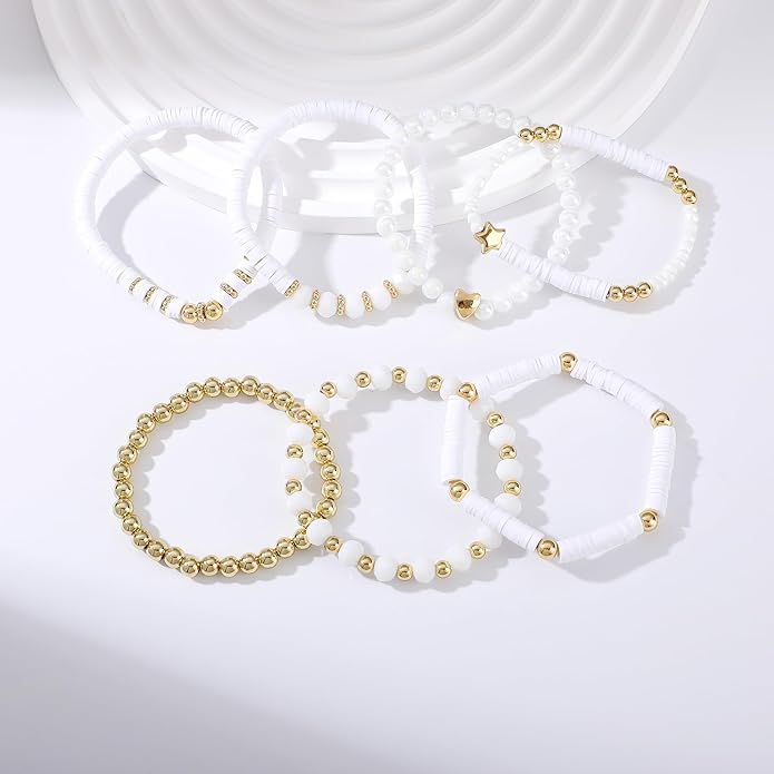 Heishi Beaded Stretch Bracelets for Women Stackable Polymer Clay Beads Bracelets Friendship Boho Summer Beach Bracelet Jewelry Set