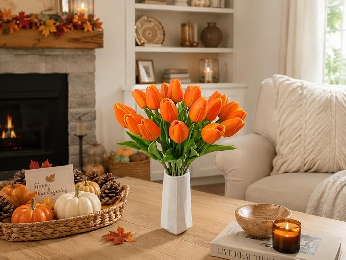 Mandy's 20pcs Artificial Orange Tulips | 13.5 Inch Lifelike PU Tulips Faux - Image 5
