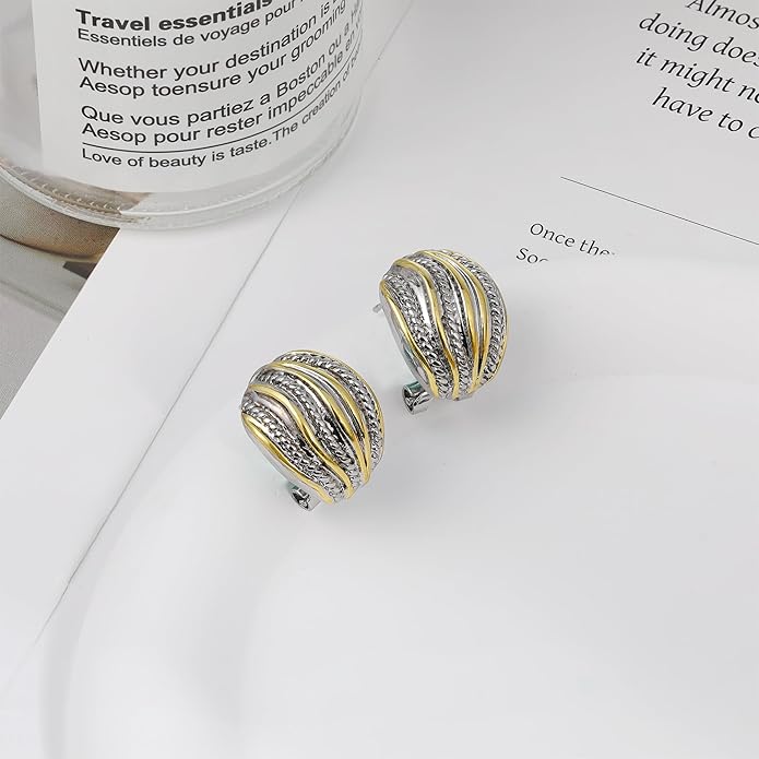 Mytys Two Tone Huggie Hoop Earrings Cross Over Design Twisted Rope Silver Gold Statement Wide Band Clip On Hoops for Women Fashion Jewelry Gift