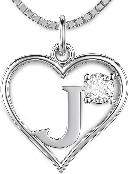 Silver Sterling Necklace Initial Letter A-Z Birthstone for Women – Personalized Custom Jewelry Pendant with Heart Design Customized Dainty Charm for Wife Girlfriend Mom – 18" Box Chain