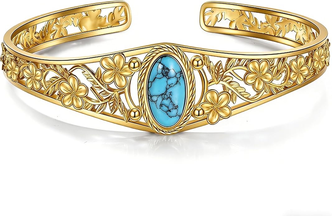 GEHN Bangle 10K 14K 18K Solid Gold Turquoise Bangle Vintage Flower Bracelet Bangle Boho Adjustable Bangle Personalised Jewelry for Women Mother Valentine's, Birthday Gift
