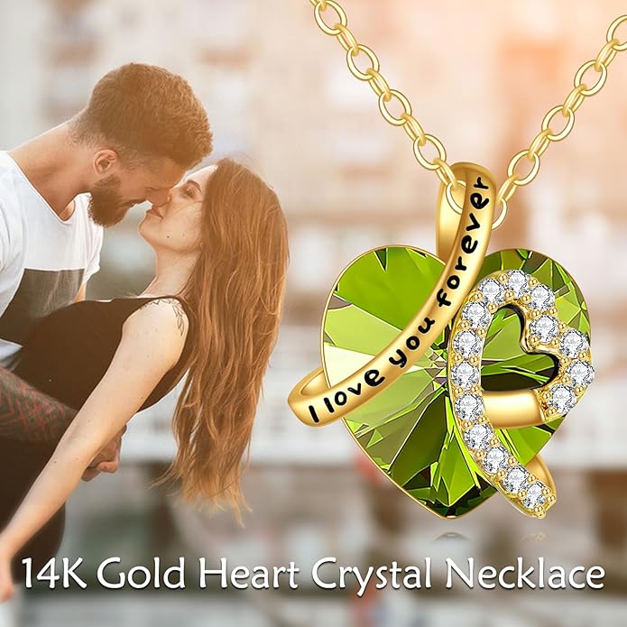 KECHO 14K Real Gold I Love You Forever Necklace Solid Yellow Gold Heart Birthstone Crystal Pendant Jewelry Birthday Mother's Day Anniversary Christmas Gifts for Women