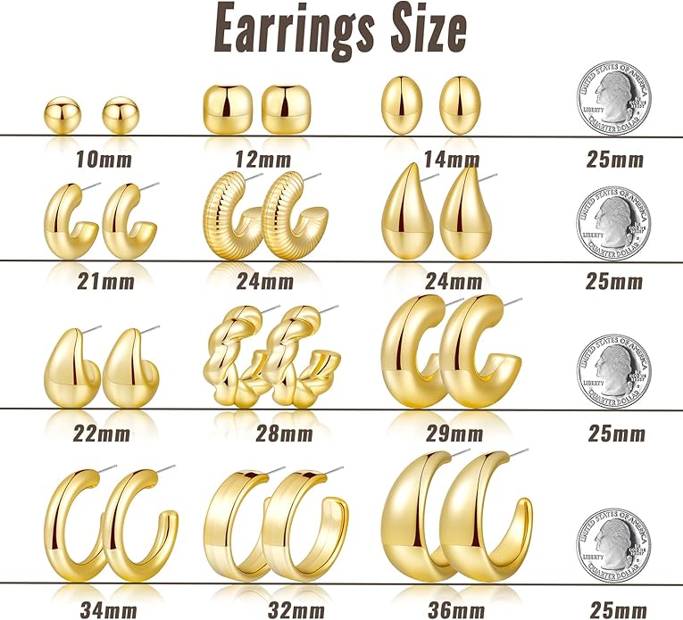 12 Pairs Chunky Gold Hoop Earrings for Women Trendy, Gold Plated Lightweight Hypoallergenic Stack, Thick Open Twisted Huggie Hoops Earring Set