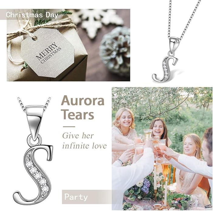 Aurora Tears Letter Necklace Initial 925 Sterling Silver Alphabet Pendant Crystal Name Gift Women Cubic Zirconia Jewelry
