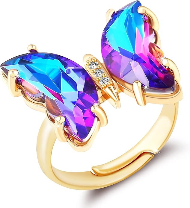 MISS RIGHT Butterfly Crystal Jewelry Set with Butterfly Necklace Stud Earrings Bolo Bracelet Adjustable Ring for Women Trendy, Iridescent Y2K Dainty Butterfly Jewelry Gifts