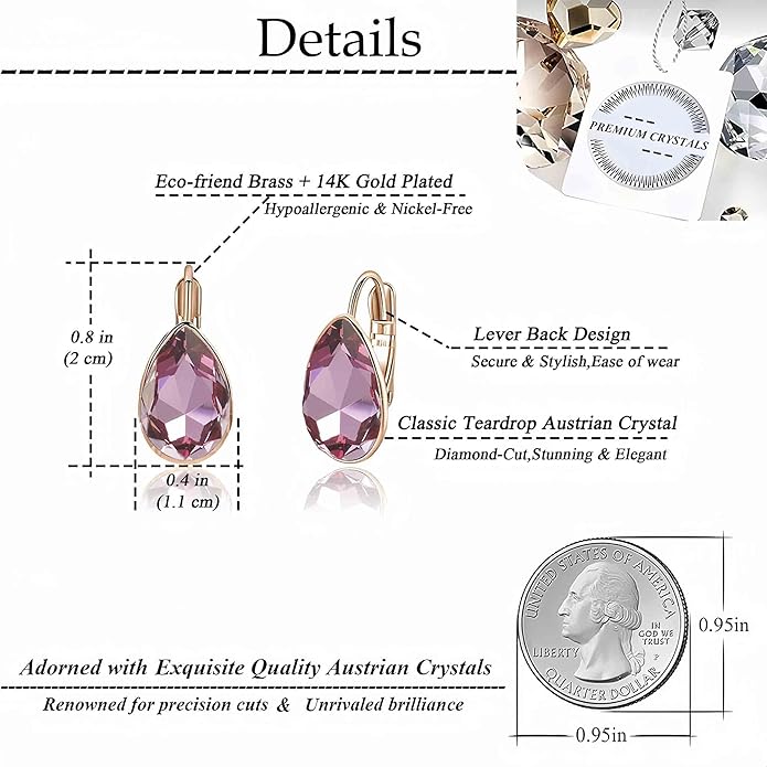 Teardrop Austrian Crystal Leverback Drop Earrings for Women 14K Rose Gold Plated Hypoallergenic Jewelry