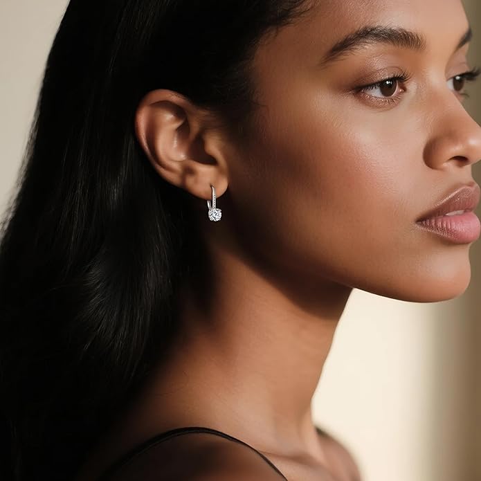 Moissanite Earrings, White Gold Plated Soild Sterling Silver Dangle Earrings 1.0ct-2.0ct D Color Brilliant Round Cut Lab Created Moissanite French Leverback Drop Earring for Women