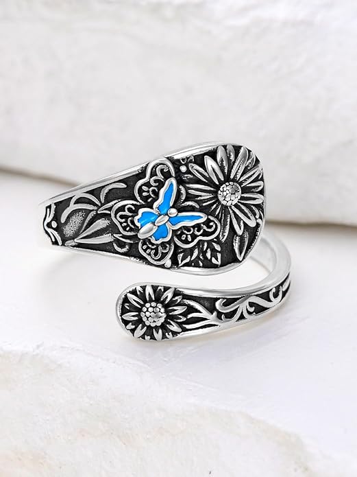 Midari Sun and Moon/Bee/Celtic/Life of Tree/Lotus Spoon Ring for Women 925 Sterling Silver Adjustable Ring Open Ring for Women Men Halloween Birthday Gift