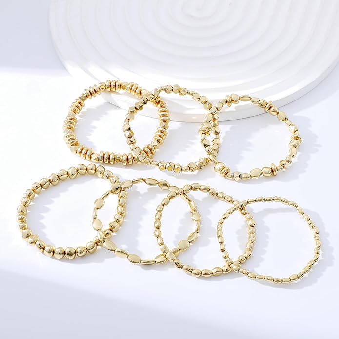 Gold Plated Beaded Bracelets for Women Trendy, 14K Gold Plated Stack Cross Pearl Gold Plated Bead Stretch Bracelets Set Elastic Hypoallergenic Bracelets Jewelry Gifts