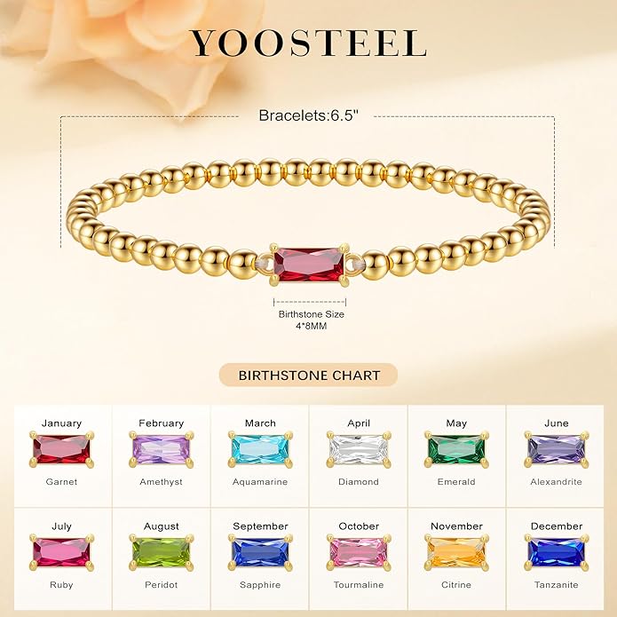Yoosteel Valentines Gifts for Her Kids Girls - Valentines Day Bracelets Dainty Birthstone Bracelet for Women Elastic 14K-Gold-Plated Bead Bracelets Trendy Friendship Birthday Jewelry Gift for Teenage Girl Women