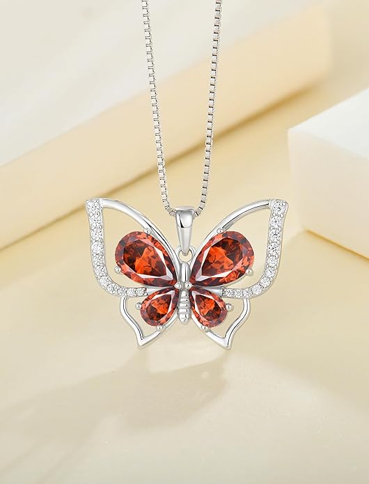 YL Women's Butterfly Necklace 925 Sterling Silver Flower Rose Pendant Birthstone Halo Jewelry