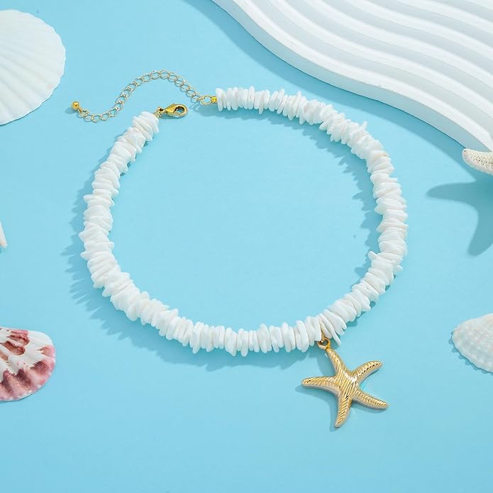WOWORAMA Gold Necklace for Women Boho Spiral Conch Shell Necklace Starfish Necklace Vintage Ocean Sea Shell Choker Pendant Necklace Adjustable Summer Beach Jewelry