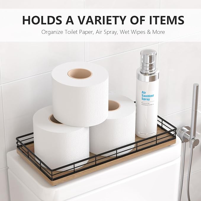 Toilet Paper Basket Organizer, Acacia Wood Toilet Tank Tray, Metal Frame | - Image 2