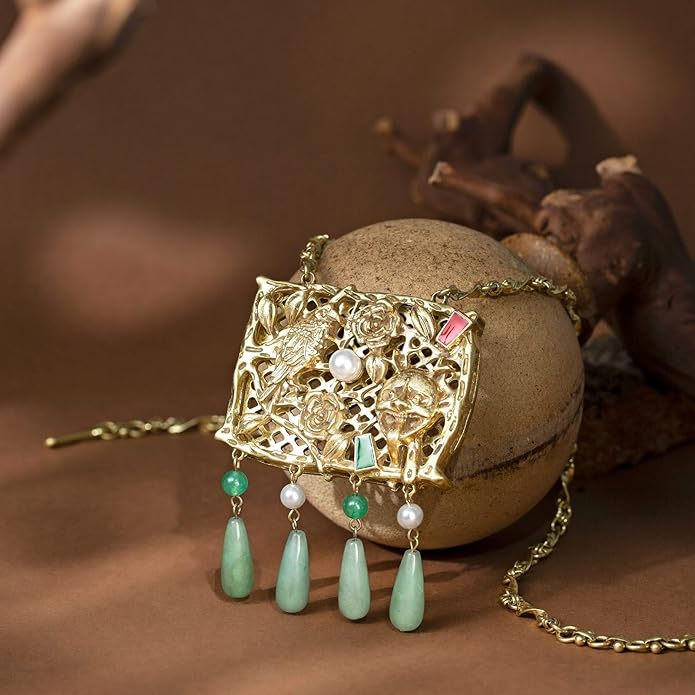 HZMAN Large Square Filigree Fringe Pendant Necklace for Women, Adjustable Statement Choker, Handmade Brass with Vintage Enamel, Bold Retro Jewelry Gift