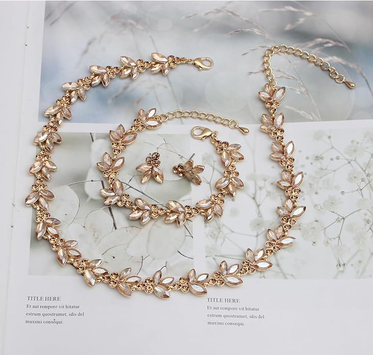 Bridal Wedding Crystal Leaf Choker Necklace Dangle Earring Bracelet Brides Bridesmaid Jewelry Set for Women