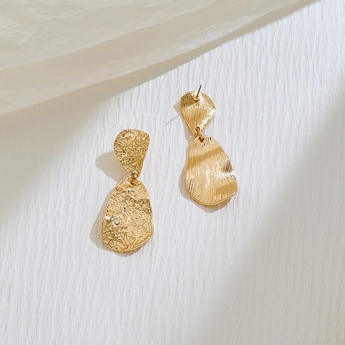 Chunky Gold Earrings for Women - Hammered Gold Plated Dangle Drop Jewelry Gifts