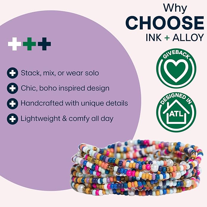 INK + ALLOY 10-Strand Stacking Beaded Bracelets for Women – Mixed Patterns Bracelet Stack - Adjustable Stretch Fit - Handmade Boho Bracelets for Women - Perfect for Any Occasion