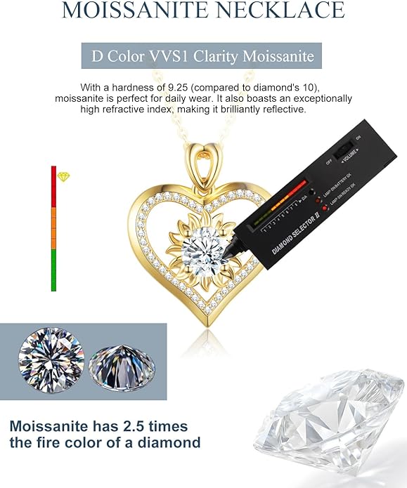 Sunflower Moissanite Heart Necklace for Women, Anniversary Birthday Gift for Wife, S925 Silver Moissanite Lab-Created Gem Jewelry for Her Girlfriend Mom