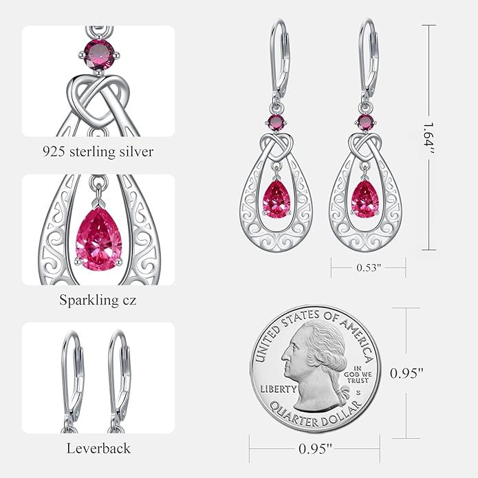 Teardrop Birthstone Dangle Drop Earrings Sterling Silver Infinity Filigree Leverback Earrings, Infinity Love Birthday Anniversary Valentines Day Gifts for Her Women Mom Wife
