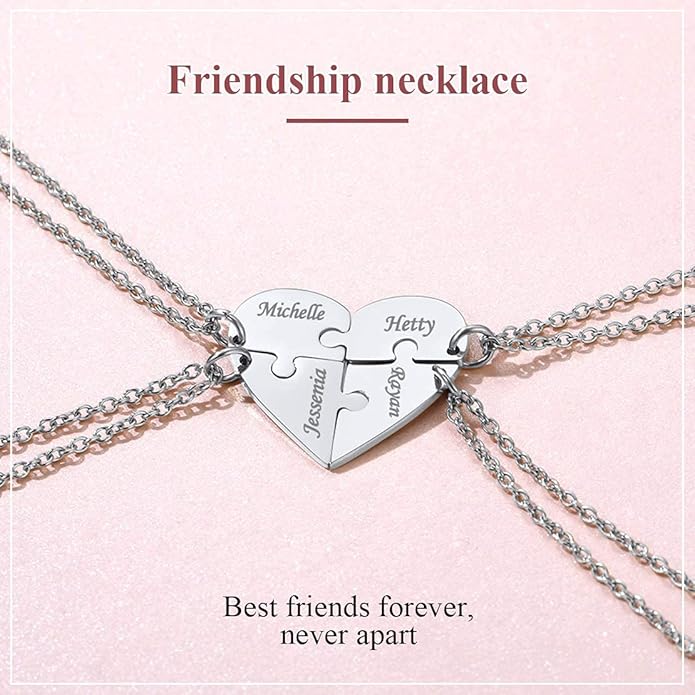 FindChic Personalized Matching BFF Necklace for 2/3/4/5/6 Puzzle Name Heart Pendant Stainless Steel Couple Necklace Set Customized Necklaces for Teen Girls