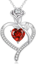 LOUISA SECRET Rose Flower Heart Birthstone Necklaces for Women, 925 Sterling Silver Fine Jewelry, Pendant Heart Necklaces Birthday Anniversary Christmas Gift for Women Wife Mom Girlfriend Lady