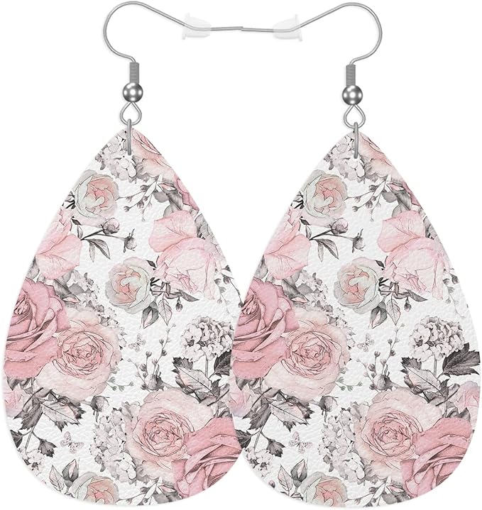 Pink Rose Fashion Faux Leather Earrings Elegant Flower Bouquet Leaves Spring Rose Pastel Wedding Teardrop Earrings Jewelry For Women Friends Bridal