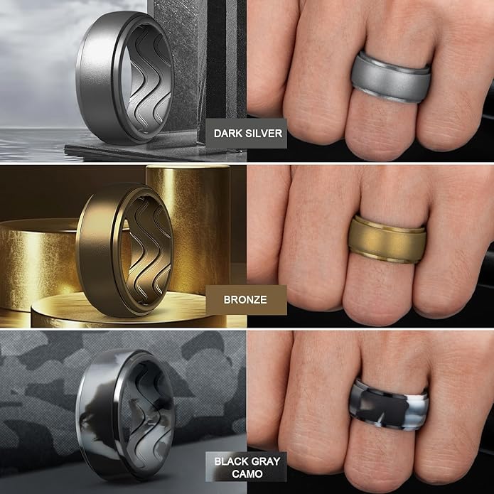 Egnaro Men's Silicone Rings 10mm Wide 2.5mm Thick, Rubber Wedding Bands with Inner Arc Ergonomic Breathable Design, 1/4/5/7 Variety Multipack