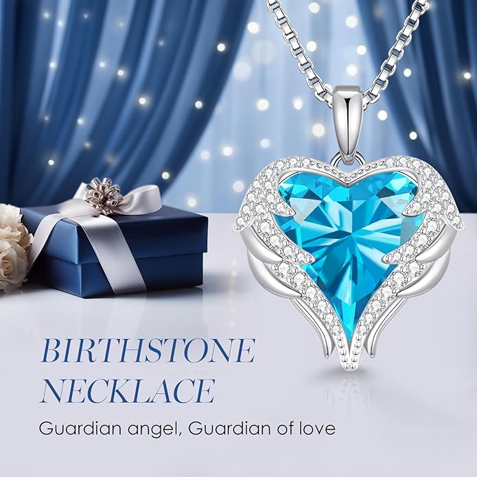 CDE Valentines Day Gifts for Women Angel Wings Necklace for Women with Birthstone, Love Heart Silver Tone/Gold Tone Pendant, Ideal Anniversary or Birthday Jewelry Gifts for Wife Girlfriend Her